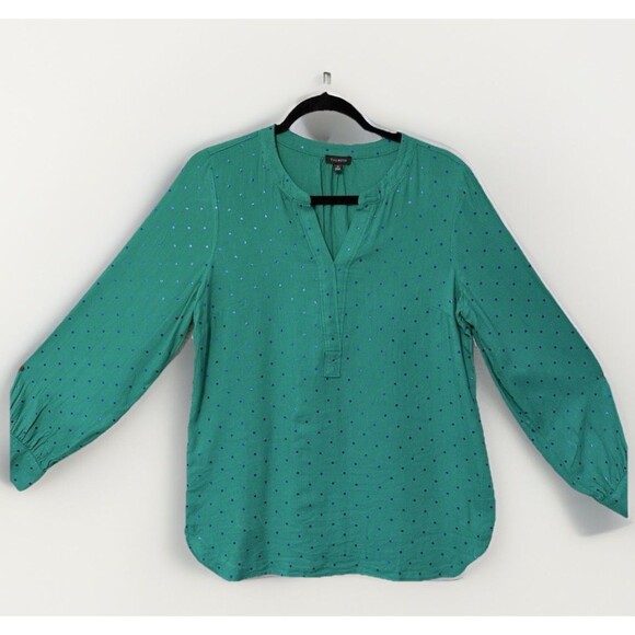 Talbots‎ Womens Green blouse with Metallic Blue dots size Medium - Picture 1 of 10